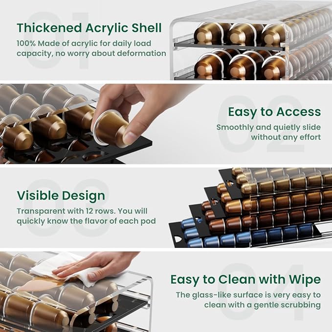 Acrylic Coffee Pod Holder for Nespresso OriginalLine Capsules, 4 Tier Organizer Drawer with 96 Pods Capacity for Countertop Coffee Bar Home Office Kitchen