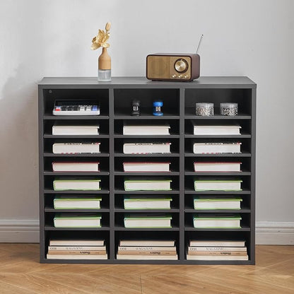 VEVOR Literature Organizer, 24 Compartments Office Mailbox with Adjustable Shelves, Wooden Mailbox Sorter Medium Density Fiberboard Office Home Classroom Storage for Files, Documents, Papers, Grey