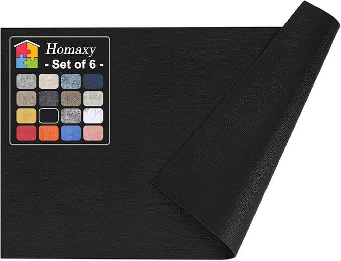 Homaxy Faux Leather Heat Resistant Placemats for Dining Table Set of 6, Waterproof Wipeable Washable PU Table Mats, Easy to Clean Anti-Slip Place Mats, 11.8" x 17", Black