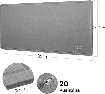 Bulletin Board, 35 x 17 1/2 inches Felt Board - Decorative Pin Board, Cork Board Alternative for Wall, Foldable Self-Adhesive Vision Board Prayer Board with 20 Pushpins - Gray