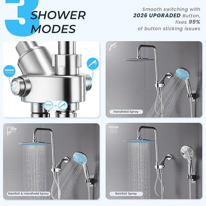Ryamen Dual Shower Head Combo, 8'' High Pressure Rain Shower Head with Handheld Spray, 6+1 Spray Settings Handheld Showerhead, Height Adjustable, One-touch Pause Button, Chrome Polished