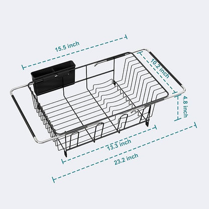 JASIWAY Dish Drying Rack in Sink, Over The Sink Colander Strainer Basket, Stainless Steel Strainer Basket with Expandable Rubber Grip Handles for Vegetables, Fruits, Home Kitchen Essentials, Black