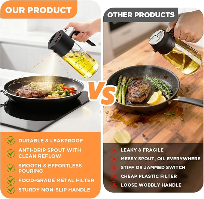 17oz/500ml Premium Olive Oil Sprayer for Cooking, 2 in 1 Glass Olive Oil Dispenser Bottle for Kitchen Gadgets, Spray Bottle with Portion Control for Salad, Frying, BBQ (Black)