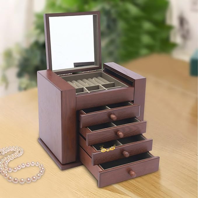 5-Layer Large Jewelry Box Organizer with Mirror and 4 Drawers, Soft Velvet Lining, Wooden Jewelry Boxes & Organizers,Jewelry Storage for Rings Earrings Necklaces Bracelets Christmas New Year Gift