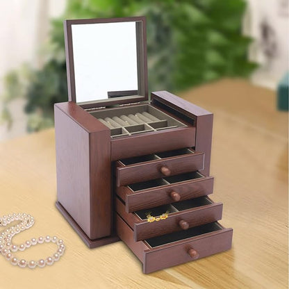 5-Layer Large Jewelry Box Organizer with Mirror and 4 Drawers, Soft Velvet Lining, Wooden Jewelry Boxes & Organizers,Jewelry Storage for Rings Earrings Necklaces Bracelets Christmas New Year Gift