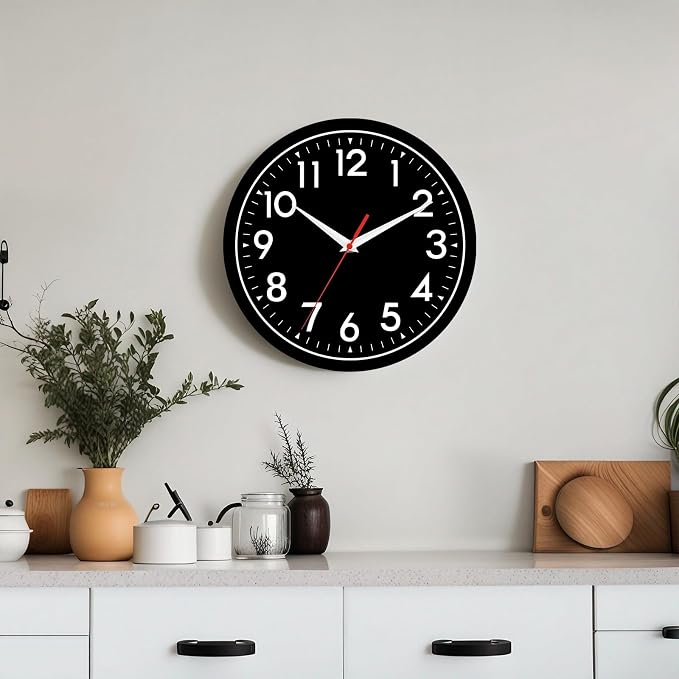 DAXSMY Wall Clock Black Battery Operated 10 Inch Simpel Silent Non Ticking Analog Decorative for Kitchen Bathroom Bedroom Office Living Room School Classroom(Black)