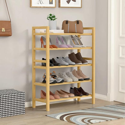 Haddockway Bamboo Shoe Rack for Closet, Free Standing Shoe Organizer with Smooth Round Rods & Convenient Handles, Stackable Shoe Storage Shelf for Entryway, Hallway(Natural, 5-Tier(Small))