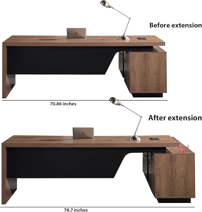 SAINTCY Retractable L-Shaped Executive Desk, Commercial-Grade Office Desk with Reversible Storage Cabinet, Built-in Power Hub, Modern Executive Desk for Home & Business Office