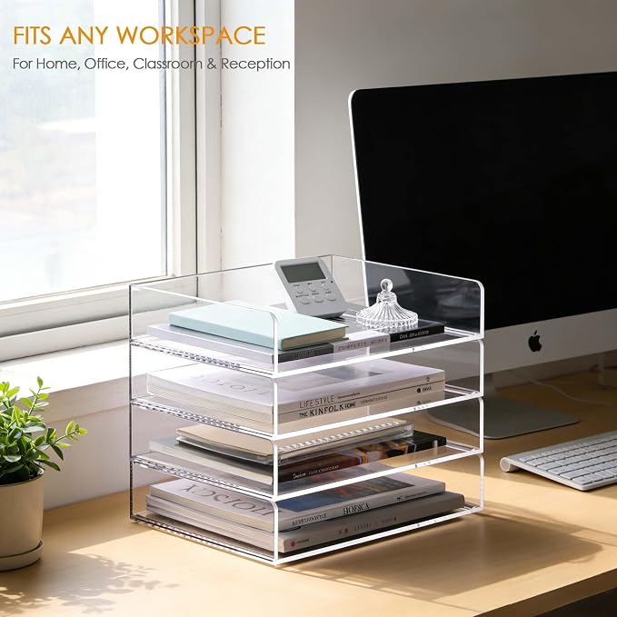SANRUI Stackable 4-Tier Acrylic Desk Organizer, Clear Paper Letter Tray, Space-Saving Document File Holder for Home Office Workspace
