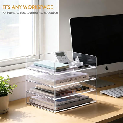 SANRUI Stackable 4-Tier Acrylic Desk Organizer, Clear Paper Letter Tray, Space-Saving Document File Holder for Home Office Workspace