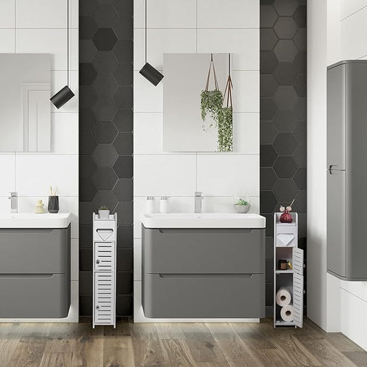 TuoxinEM Storage Cabinet for Small Spaces, Over The Toilet Cabinet for Skinny Bathroom Storage Corner Floor, Slim Paper Holder with 2 Doors & Shelves (White)