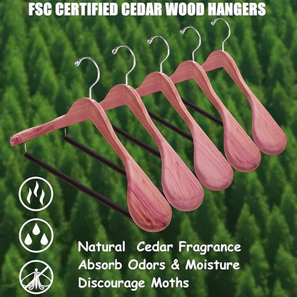 Amber Home 10 Pack American Red Cedar Wood Coat, Suit Hangers with Extra Wide Shoulder, Wooden Jacket Clothes Hanger Smooth Deluxe Aromatic Natural Cedar with Non Slip Velvet Pant Bar