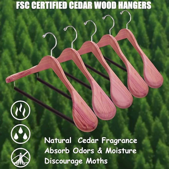 Amber Home 5 Pack American Red Cedar Wood Coat, Suit Hangers with Extra Wide Shoulder, Wooden Jacket Clothes Hanger Smooth Deluxe Aromatic Natural Cedar with Non Slip Velvet Pant Bar