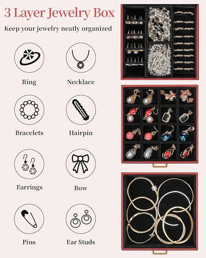 TORIBIO Jewelry Box for Women, Leather Jewelry Organizer with Mirror & Lock, 3-Tier Jewelry Storage Organizer with 2 Drawers for Girls/Women/Mothers, Necklace Earring Bracelets Holder Organizer