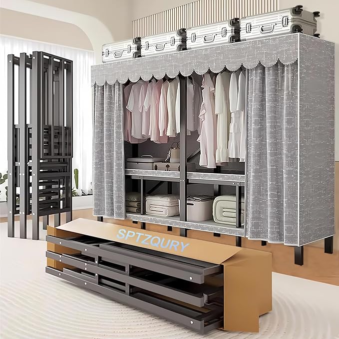 95.3in Heavy Duty Foldable Wardrobe with Cover, Portable Closets for Hanging Clothes, Load 1200lbs, Large Capacity Freestanding Armoires Portables Storage Covered Garment Racks (grey, 95.3in/242cm)