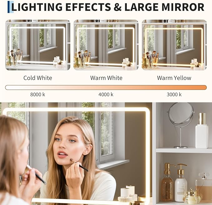 35.4" Vanity Desk with Square Mirror for Bedroom, Makeup Table with 4 Fabric Drawers & Storage Shelves, Modern Dressing Desk for Women Girls