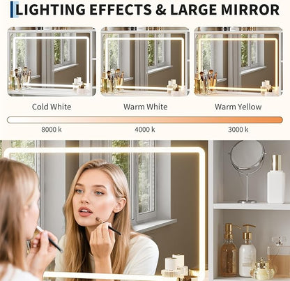 35.4" Vanity Desk with Square Mirror for Bedroom, Makeup Table with 4 Fabric Drawers & Storage Shelves, Modern Dressing Desk for Women Girls