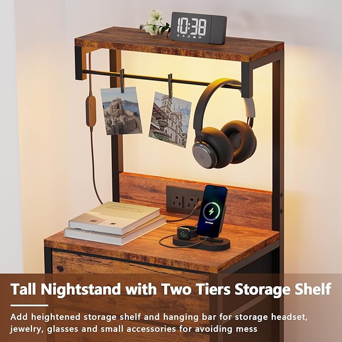 Furnulem Night Stand with Charger Station, 38'' Tall Nightstand with 4 Fabric Drawers and LED Lights, Bedside Table with Storage Shelf for Bedroom, Office, Metal Frame, Wood Shelves, Rustic Brown | with Charging Station