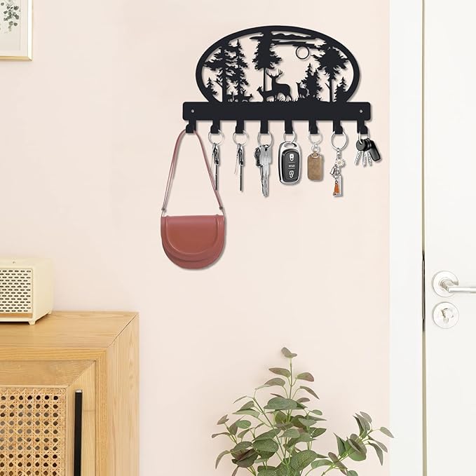 Black Key Hooks Holder for Wall Mounted with 8 Hooks, Metal Deer Cabin Key Hanger Rack Wall Decorative for Home, with Mounting Hardware, Dog Leash Holder, Entryway, Hallway, Office Ready to Hang
