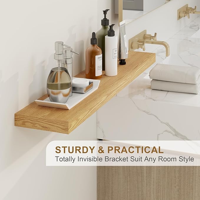 Fun Memories Floating Shelves for Wall, 55Inch Floating Shelves Set of 2, Hanging Shelf with Invisible Brackets, Wood Shelves for Living Room, Bedroom, Kitchen, Oak