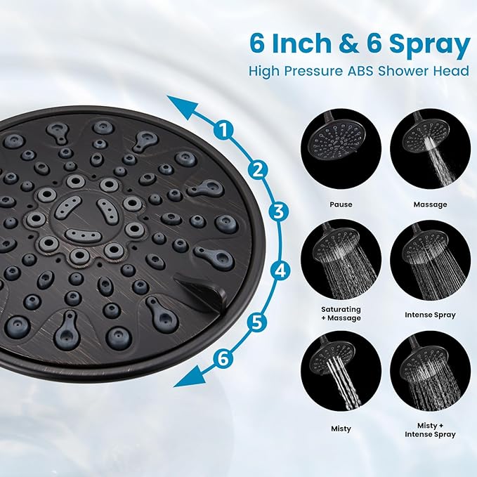 gotonovo Shower Faucet Set Bathroom Shower Head and Handle Set Complete 6 Settings 6 inch Rainfall Shower Head Kit High Pressure Shower System Combo Shower Trim Kit with Valve Oil Rubbed Bronze