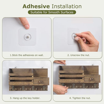 Key Holder Wall Mount, Wooden Adhesive Mail and Key Organizer with Drawer, Small Shelf, 8 Hooks, 2 Installation Methods, Brown