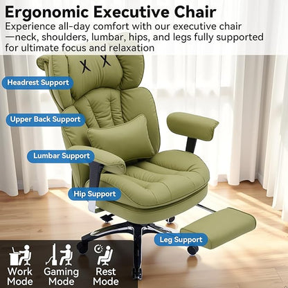 Efomao Big and Tall Office Chair 400lbs, Ergonomic High Back Executive Office Chair with Footrest, Wide Computer Desk Chair for Home Office, Comfortable PU Leather Heavy Duty Chair，Green