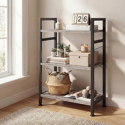 DUMOS 3 Tiers Bookshelf, Classical Book Shelf, Tall Display Shelves in Living Room/Home/Office, Storage Organizer for CDs/Books/Movies, Wood Grey