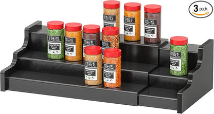 Spice Rack Organizer For Cabinet - 3 Tier Black Bamboo Wooden Expandable Display Shelf from 12.70 to 22.20 inch