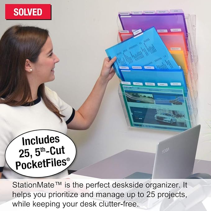 Ultimate Office StationMate Wall File Organizer, 5 Tier Vertical Mount Hanging File Sorter. Multi-Purpose Display Rack Includes 25, 5th-Cut PocketFile Project Files