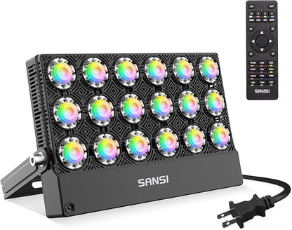 SANSI Led Flood Light 600W Equivalent with Ceramic Technology, Outdoor Indoor Color Changing Led Stage Party Christmas Lighting, RGBW Remote Floodlights 100W,16 Colors 4 Modes,Dimming for Garden Yard