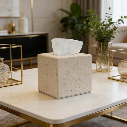 Travertine Tissue Box Cover, Heavy Duty Nature Stone Tissue Box Holder, Decorative Luxurious Travertine Square Toilet Tissue Box for Bathroom, Bedroom, Living Room, Office