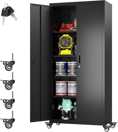 Garage Storage Cabinet with Wheels, Metal Storage Cabinet with 4 Adjustable Shelves and Lockable Doors for Garage Home Utility Room,Required Assembly,Black,73" H×31.57" W×15.71" D