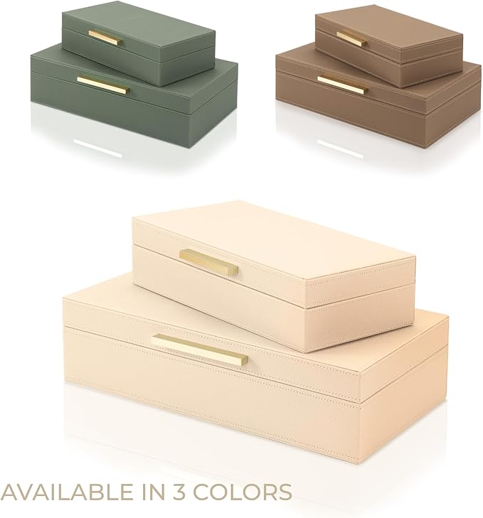 ZICOTO Decorative Storage Boxes with Lids – Set of 2 Beautiful PU Leather Organizer Bins for Your Bookshelf Home Decor - Safely Store Photos, Documents and Memory Box Keepsakes in Style