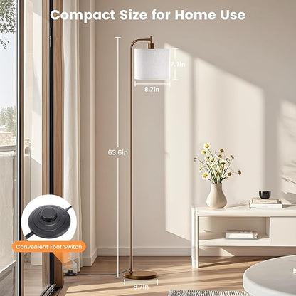 Floor Lamp with Linen Shade, Dimmable Tall Standing Lamp with Remote Control & 3 Color Temperatures, Modern Corner Floor Lamps for Living Room Bedroom Office, 9W LED Bulb Included