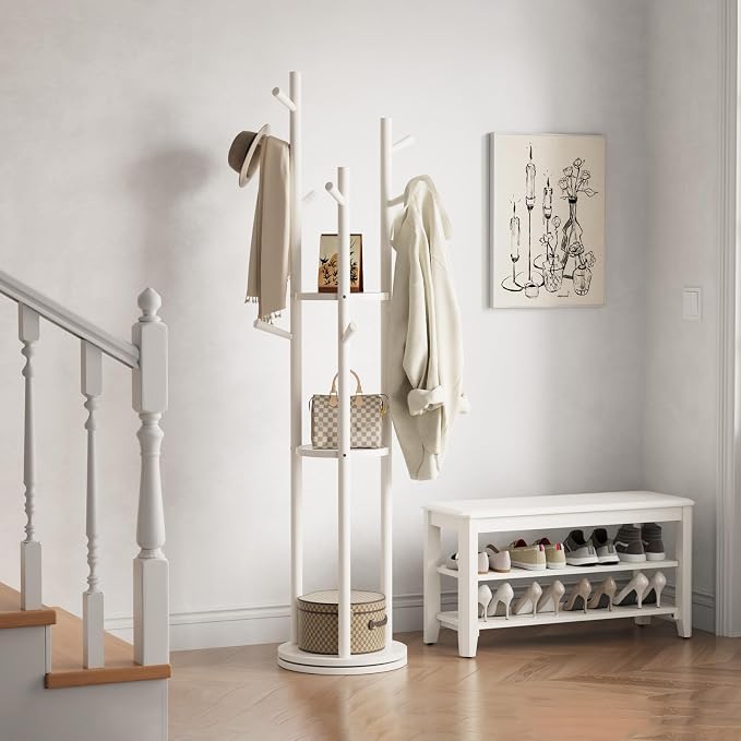 Muwuele Solid Wood Rotary Coat Rack, Freestanding Coat Rack with 3 Shelves and 9 Hooks, Coat tree for Bedroom, Entryway, Livingroom, Coat Hanger Stand for Coats, Scarves, Handbags (White)