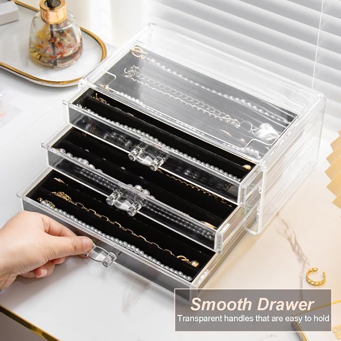 YUFONG Necklace Holder Organizer, Dustproof Necklace Box Velvet Necklace Organizer Box with Lid Clear Acrylic Dustproof Stackable Jewelry Displays for Necklaces Chain Display (Black, 5 Drawer)