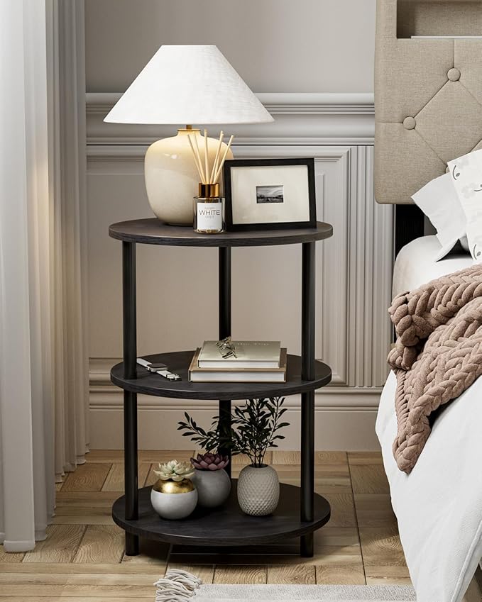 XBurmo Small Round End Table - 3 Tier Design Accent Table, Narrow Side or Bedside Stand, Industrial Vintage Nightstand for Bedroom, Living Room, or Small Spaces, Set of 2, Charcoal Wenge