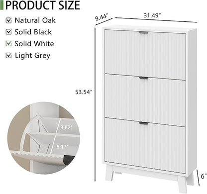 Shoe Cabinet with 3 Flip Drawers, 54" Tall Narrow Fluted Shoe Storage Organizer for Entryway, Hidden Slim Wooden Shoe Rack Cabinet for Front Door Entrance, Hallway, Living Room, Solid White
