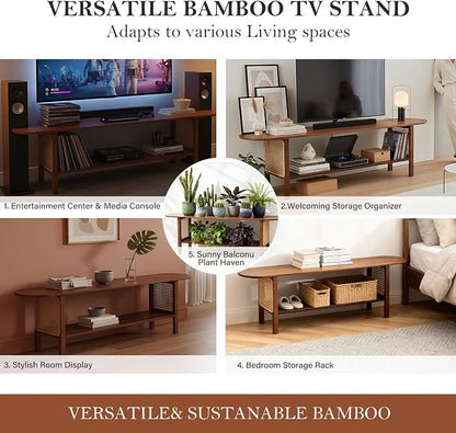 Tiita TV Stand with Storage for TVs up to 65'', Bamboo TV Console Entertainment Center with 2 Open Shelf, Mid Century Modern Media Console for Living Room, Bedroom, Walnut