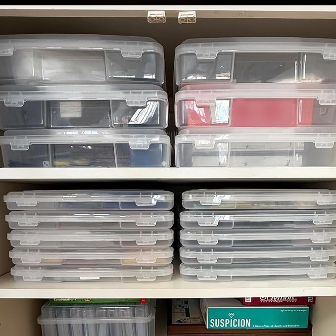 OMNISAFE Plastic Scrapbook Paper Storage Cases, Portable Board Game Storage Cases, Hobby Art Craft Box, Acid-Free Rounded Corner Containers (12"x12" 11"x10" Clear 18Pcs)