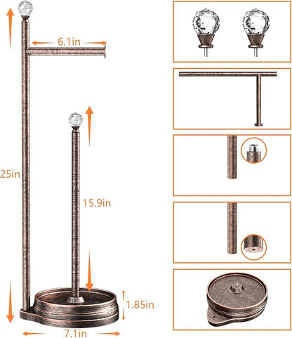 KASUNTO Toilet Paper Holder for Bathroom, Heavy Weighted Metal Free Standing Toilet Paper Holder Stand with Crystal Ball, Toilet Paper Roll Stand for Bathroom Accessories (Oil Rubbed Bronze)