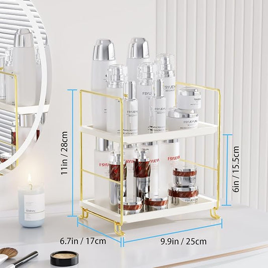 FSyueyun 2-Tier Bathroom Counter Organizer, Tool-Less Vanity Organizer for Skincare, Premium Plastic Bathroom Organizer Tray for Perfume & Cosmetics, （White & Gold）