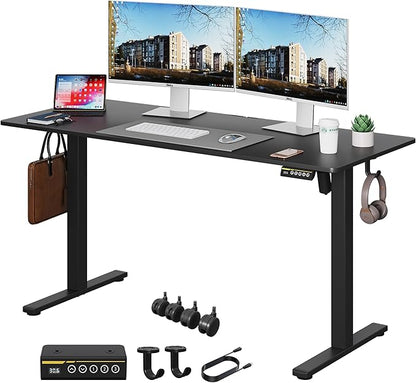 Large Electric Standing Desk,55x24 Inches Adjustable Height Stand up Desk, Sit Stand Home Office Desk, 3 Preset Heights,Equipped with Hooks,Ergonomic Computer Desk Workstation，Black