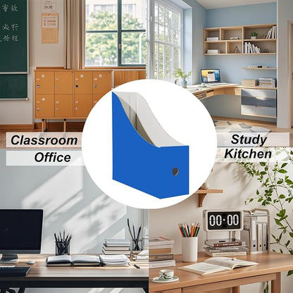 Limitliho 2 Pack Cardboard Magazine File Holder for Desktop ，Blue Book Bins for Classroom Library, Office or Home, Vertical Paper Boxes for Storage with Label(10.6" H x 10.2" L x 3.5" W in)
