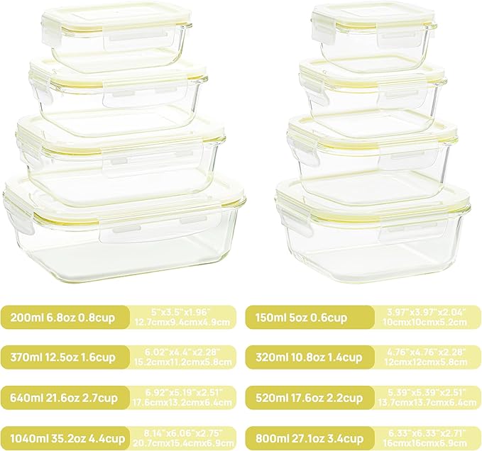 Vtopmart 8 Pack Glass Food Storage Containers with Lids (Yellow)