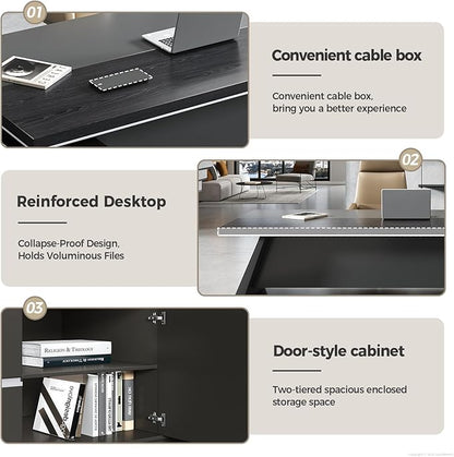 Modern L Shape Executive Desk with Storage Drawers – Large Black Corner Office Table for Home Workspace, Spacious Executive Desk with Cabinets (Black/Left, 87" L * 63" W * 30" H)