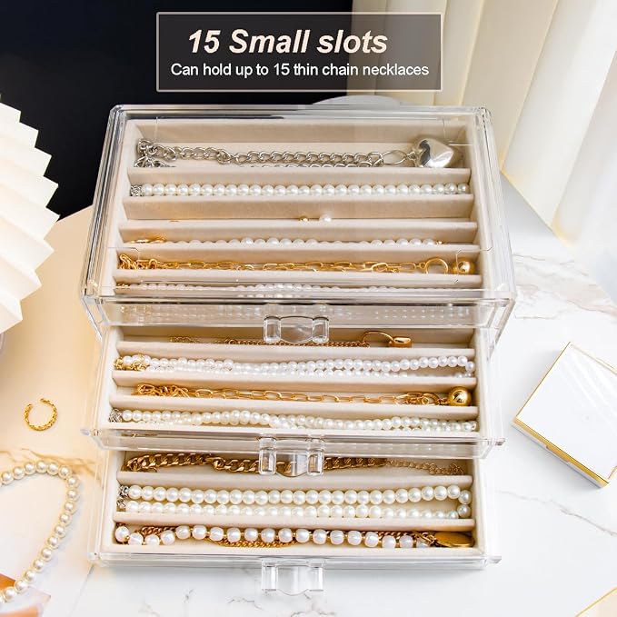 YUFONG Necklace Holder Organizer, Dustproof Necklace Box Velvet Necklace Organizer Box with Lid Clear Acrylic Dustproof Stackable Jewelry Displays for Necklaces Chain Display (Beige, 3 Drawer)