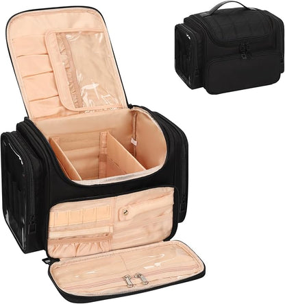 Large Makeup Bag with Jewelry Organizer, Travel Toiletry Bag for Women Girls with Makeup Brush Compartment & Two Side Pockets - XL Black