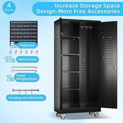 Garage Storage Cabinet with Wheels and 5 Pegboard, Metal Storage Cabinets with 2 Doors and 4 Shelves, Broom Closet Storage Cabinet with Hanging Rod and 13 Hooks, 70.87" Hx33.5 Wx17.7 D, Black